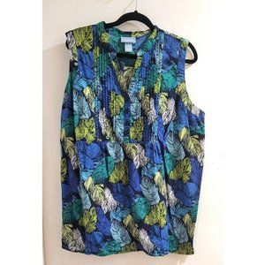 Sleeveless Falling Leaf Top Multi Color Cotton Blue LIZ & ME Size 1X (18-20W)